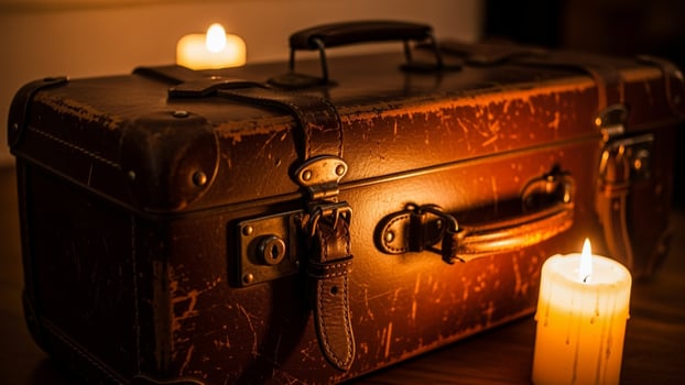 A suitcase with a lit candle sitting on top of a table photo