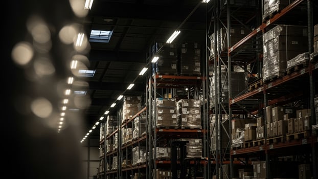 A warehouse with many shelves and boxes photo