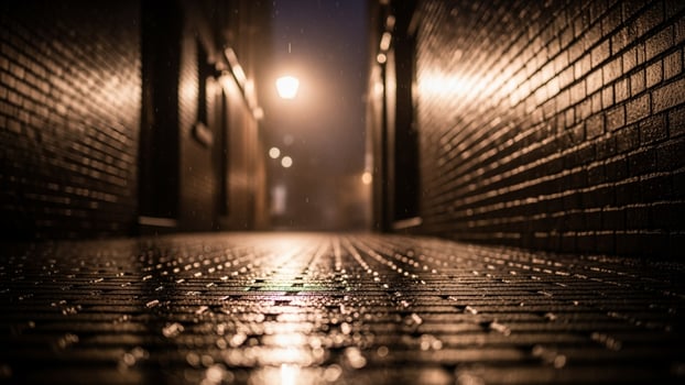 A dark alleyway at night with a light shining on it photo