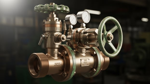 A valve with a green handle and a brass valve photo