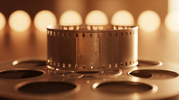 A film reel on a table with candles in the background photo