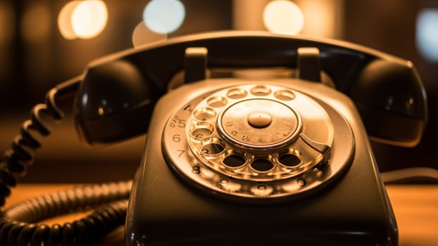 An old fashioned rotary phone on a wooden table photo