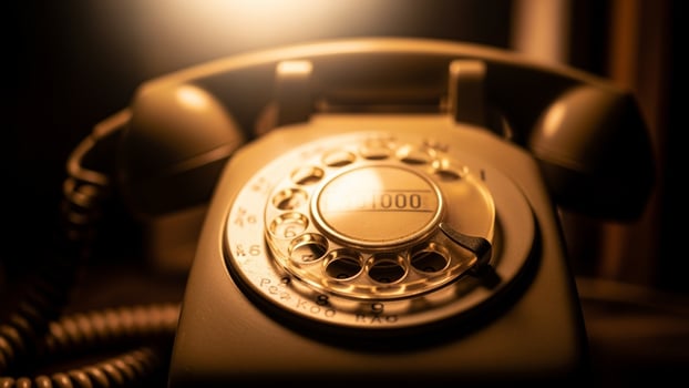 An old fashioned rotary phone is shown in the dark photo