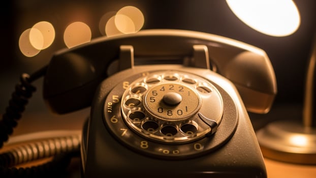 An old fashioned rotary phone sits on a table photo