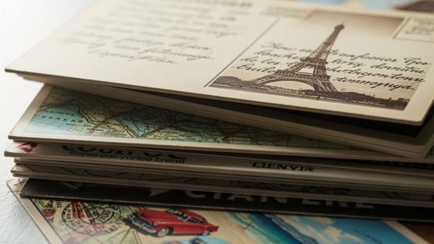 A stack of old postcards with the eiffel tower in the background photo