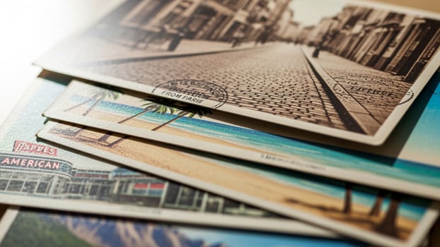A pile of postcards with different images photo