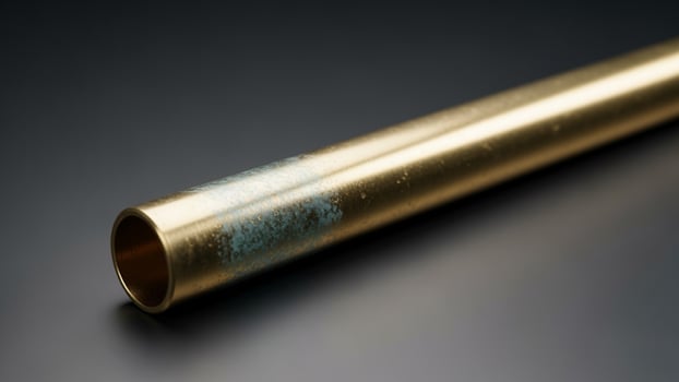 A close up of a gold pipe with a blue paint photo