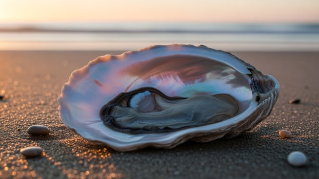 An oyster shell on the beach at sunset photo