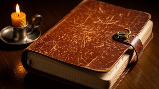 An old book with a candle and a silver spoon photo