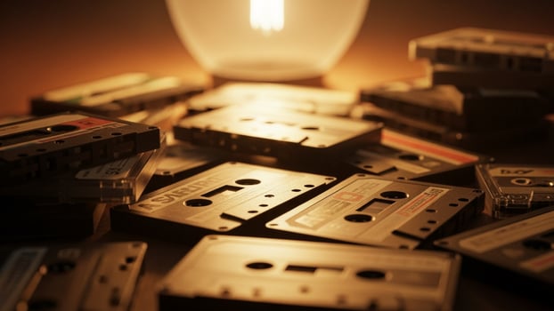 A collection of old cassette tapes sitting on a table photo