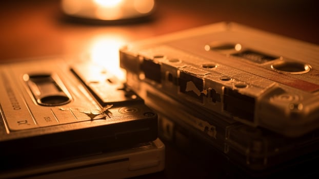 A pair of old cassette tapes sit on a table photo