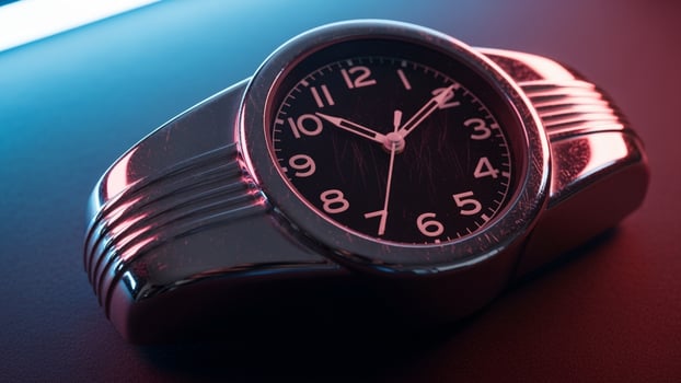 A black and silver clock sitting on a table photo