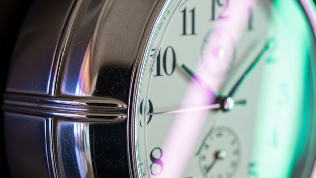 A close up of a clock with a green and purple light photo