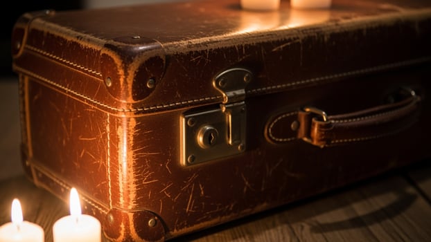 A suitcase with candles on a wooden table photo