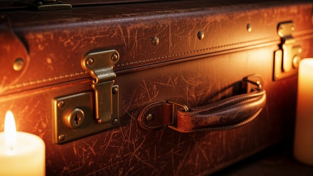 A suitcase with a lit candle sitting next to it photo