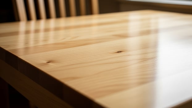 A close up of a wooden table with a chair . photo