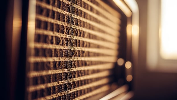 An old radio is sitting in front of a window photo