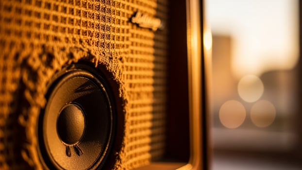 A close up of a speaker in front of a window photo