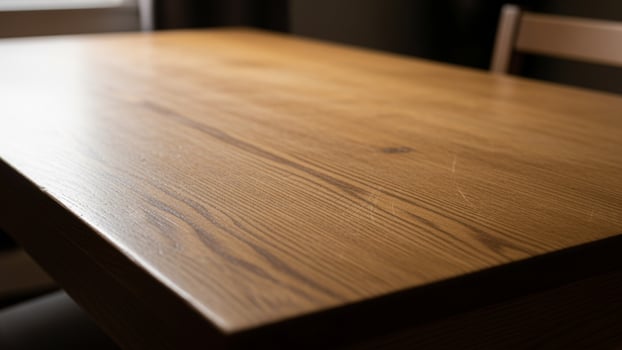 A wooden table with a chair and a window abstractbackground photo
