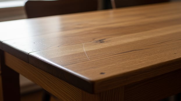 A wooden table with a chair on it photo