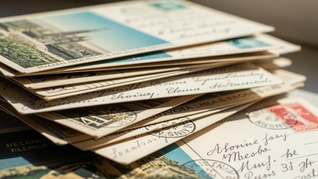 A pile of old postcards sitting on top of a table photo