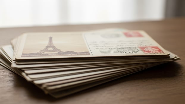 A stack of postcards on a table photo