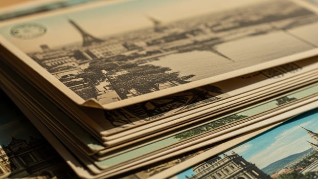 A pile of old postcards with a city skyline photo