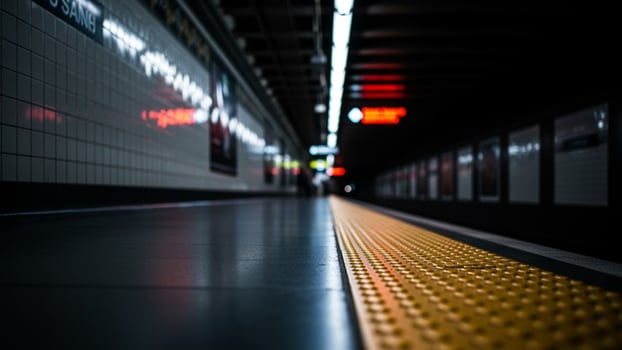 A subway station with a yellow floor and a red light photo