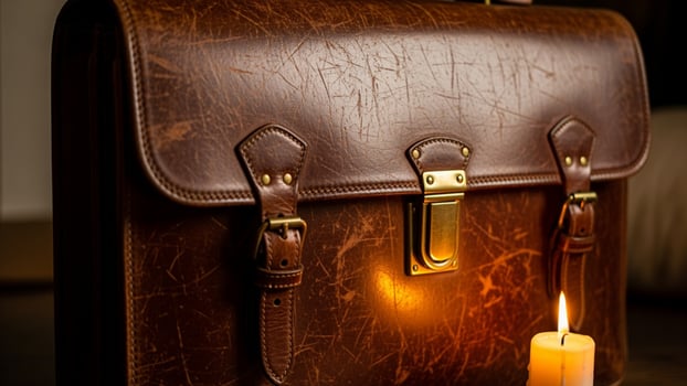 A leather briefcase with a candle sitting on a table photo