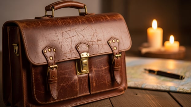 A brown briefcase sits on a wooden table with a map and pen photo