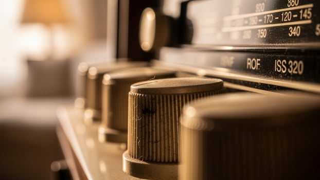 An old radio is shown in front of a lamp photo