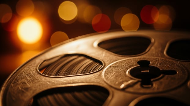 A film reel with a candle in the background photo