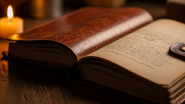 An open book with a candle on a wooden table photo