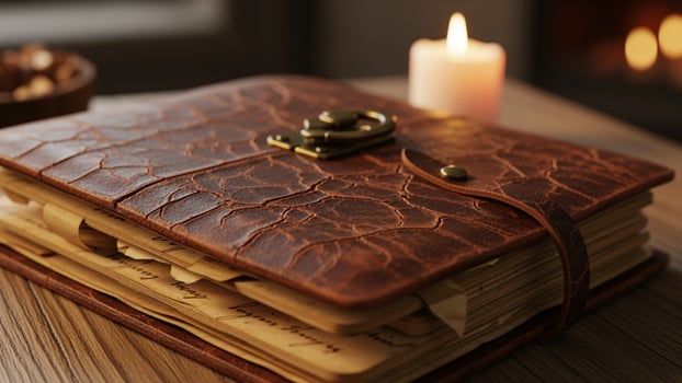 A leather book with a candle on a table photo