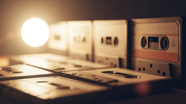 A row of old cassette tapes are sitting on a table photo