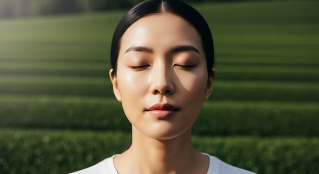A woman with her eyes closed in a field photo