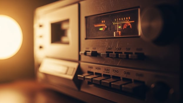 An old radio is sitting on a table in front of a light photo