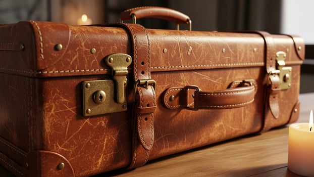 A brown suitcase with a candle sitting on a table photo