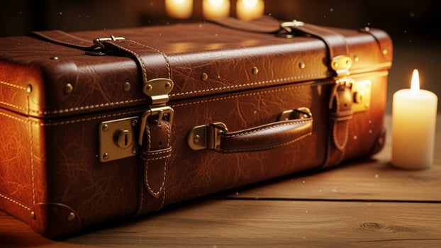 A brown suitcase with a candle on a wooden table photo