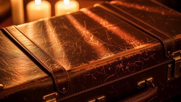 A brown suitcase with candles in front of it photo