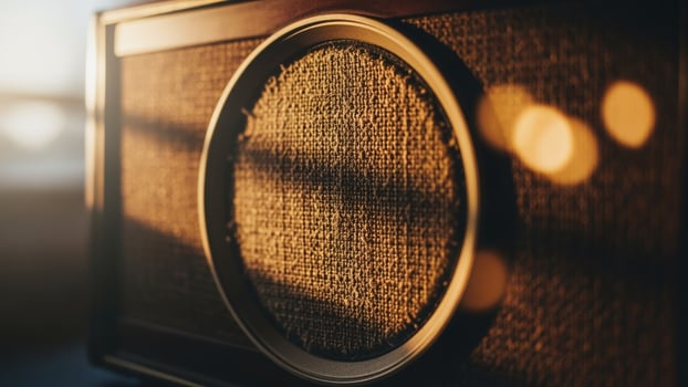 An old radio sitting on a table in front of a window photo