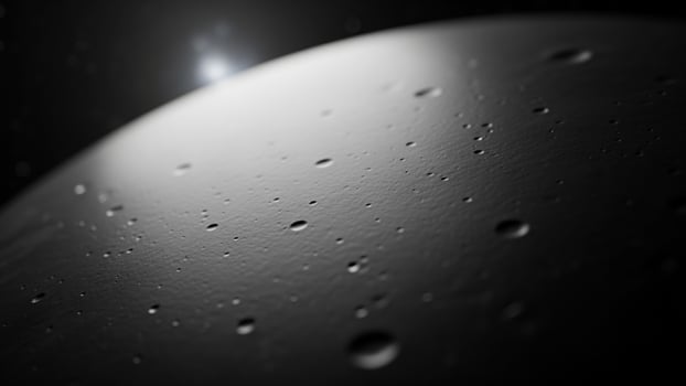 A black and white photo of a moon with water droplets