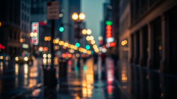A blurry image of a city street at night with lights photo