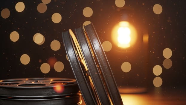 Film reels and a light bulb on a table photo