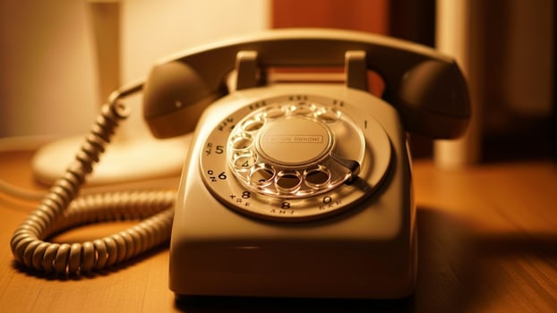 An old fashioned telephone sits on a table photo