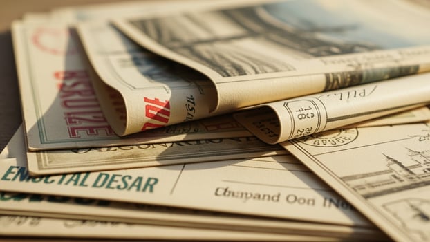 Old newspapers on a table with a pile of old newspapers photo