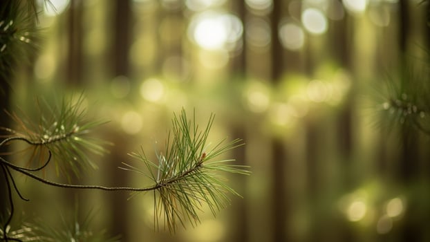 A pine tree branch with sunlight shining through it photo