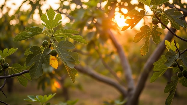 Fig tree with ripe figs at sunset photo