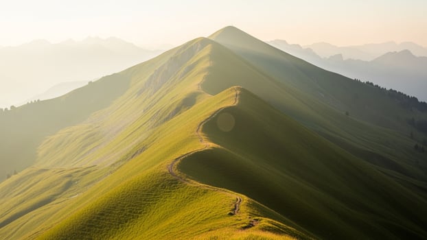 A man is walking up a mountain with a green grassy field photo