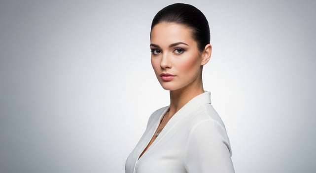 Beautiful woman in white shirt looking at camera photo